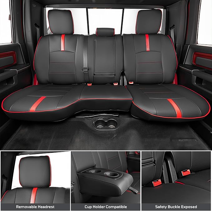 Seat Covers Custom Fit for Dodge 2009-2018 Ram 1500 Crew Cab,Black/Red | Custom Fit Faux Leather Full Set,Waterproof & Wear-Resistant,Fits for 4th Gen Ram 1500 Big Horn/SLT/Lone Star,Easy to Clean - Image 4