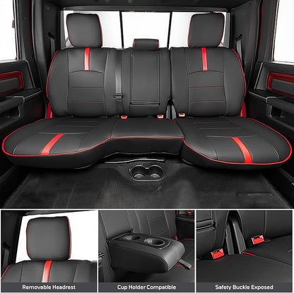 Seat Covers Custom Fit for Dodge 2009-2018 Ram 1500 Crew Cab,Black/Red | Custom Fit Faux Leather Full Set,Waterproof & Wear-Resistant,Fits for 4th Gen Ram 1500 Big Horn/SLT/Lone Star,Easy to Clean - Image 4