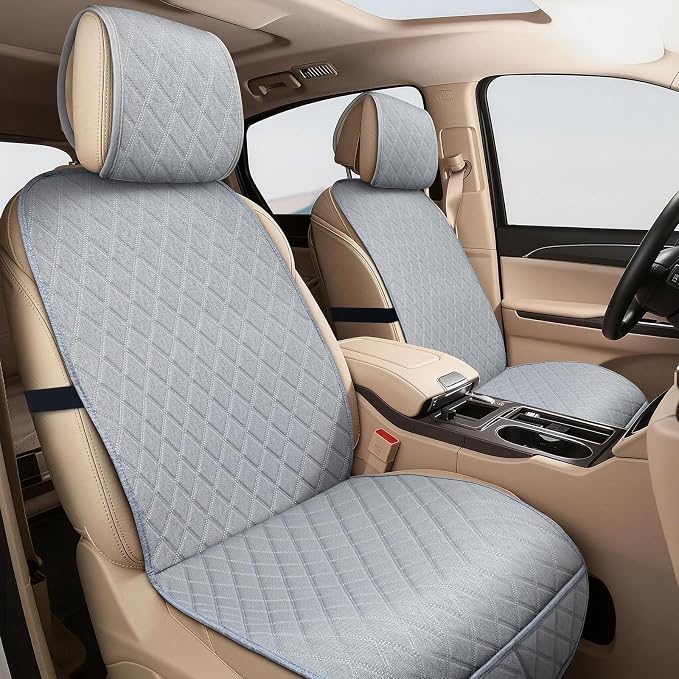Linen Car Front Seat Covers, Breathable Linen Car Seat Protector | With A Carrying Pouch And Non-Slip Nubs On The Back; Universal Fit Cars Vans SUVs Trucks, 2 Units, Grey by Unknown