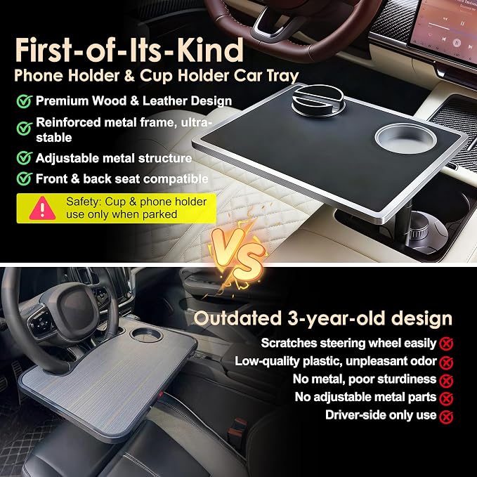 Car Desk for Laptop 360° Rotating Tesla Tray with Cup Holder Phone Stand | Adjustable Height Car Table Tray Car Accessories Compatible with Model 3/Y/S Ford Vehicles, Fits Round Cup Holder 2.28"-3.66" - Image 2