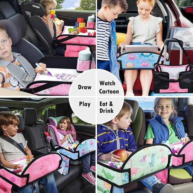 2PCS Kids Travel Tray, Car Seat Tray for kids Travel, Toddler Road Trip Essentials With Drawing Kit, Toddler Lap Desk Organizer for Car, Carseat Table for Airplane - Image 8