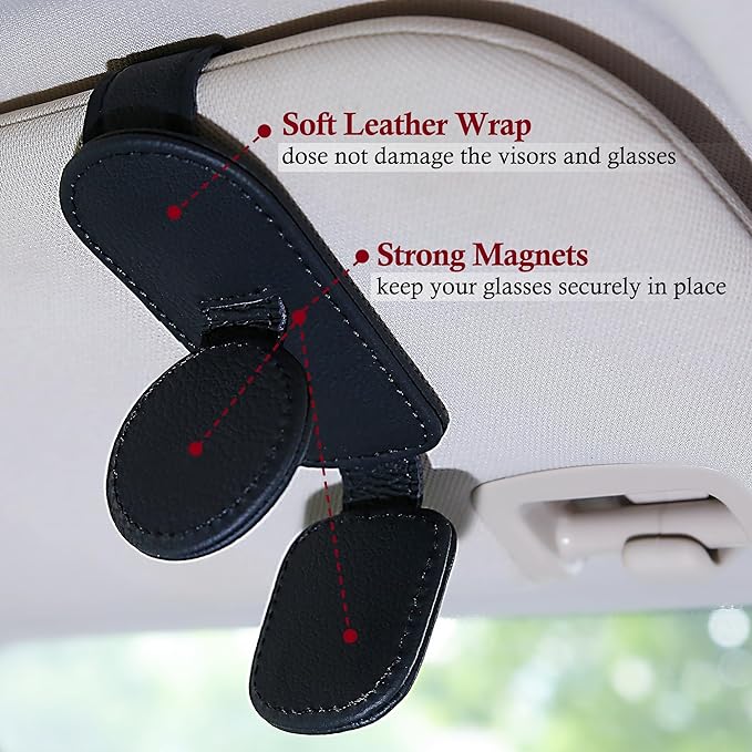 KIWEN Sunglasses Holder for Car Visor, Magnetic Leather Sunglass Eyeglass Hanger Clip for Car Sun Visor Accessories (1, Black) - Image 4
