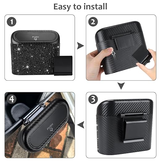 Accmor Bling Car Trash Can with Lid, Mini Vehicle Trash Bin, Car Dustbin Garbage Organizer with 60 Trash Bag, Leakproof Auto Storage Bag Container for Car, Home, Office (Carbon Fiber&Black Rhinestone) - Image 6
