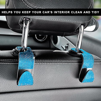 4 PCS Car Seat Headrest Hooks, Bling Crystal Rhinestone Back Seat Hanger Storage Organizer, Sparkly Seatback Holder Hooks for Purse and Bags Universal For Most Vehicles (Lake Blue) - Image 4