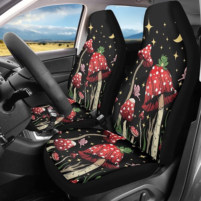 Car Seat Cover, Mushroom with Star Auto Seat Protector Front Seat Cover Set, SUV/Truck/Van/Car Universal Seat Covers, Set of 2 - Image 2