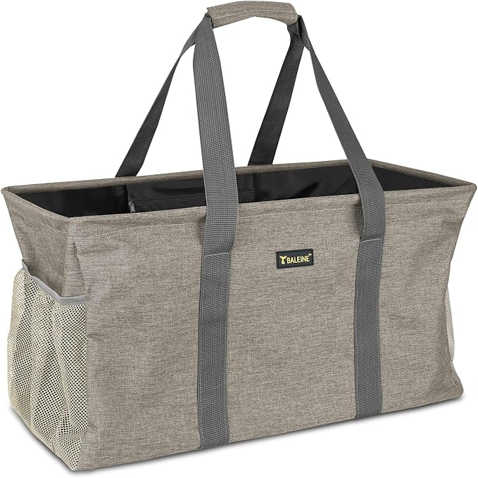 BALEINE Extra Large Utility Tote Bag with Reinforced Wire Frame, Reusable Grocery Bag for Shopping, Picnic (Beige, 22''x12''x10'') by BALEINE