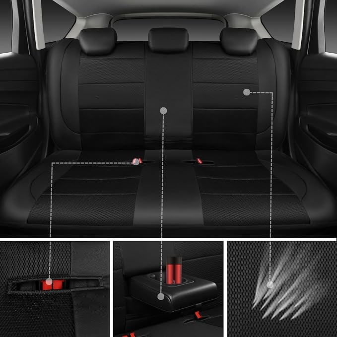 CAR PASS Leather Back Seat Cover, Breathable Mesh Universal Bench Seat Cover, Super 5mm Composite Sponge Inside, Airbag Compatible Fits Most Automotive, Cars, SUVs, Trucks, and Vans (Rear, Black) - Image 4