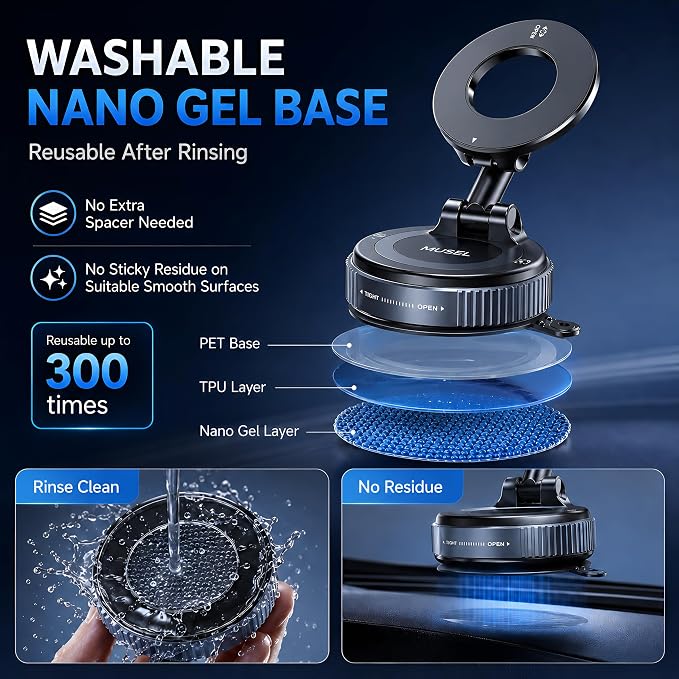 MUSEL Magnetic Car Phone Holder for MagSafe, Nanogel Mount for iPhone 17-12 | Direct nano gel mount, 88 lb magnetic force, 22 N55 magnets, 360 degree rotation, no bottom plate, ring included, dash mounts - Image 4