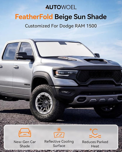 Cooling Windshield Sun Shade for Dodge RAM 1500 2011-2026, 240T Beige | Heat-Insulating Fabric, 99% UV Protection and Heat Insulation, Foldable, Storage Bag Included, for Cars SUVs and Trucks - Image 2