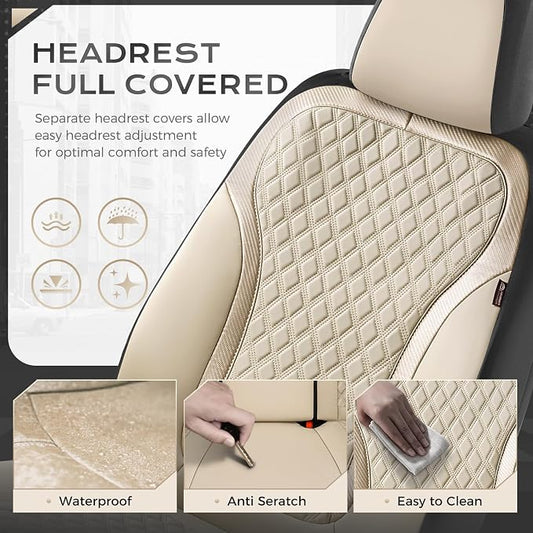 Coverado Front Seat Covers, 2-Pack Luxury Leather Car Seat Cover with Carbon Fiber Weave, Waterproof Car Seat Protectors, Spill-Proof Car Seat Cushion, Beige Seat Covers Universal Fit for Most Cars - Image 2