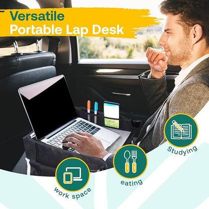 Travel Lap Desk, Portable Lapdesk for Car, Remote Work, Road Trips, School, Laptop Pad with Storage Pocket, Tablet Holder, Shoulder Strap, Fits up to 15.6-Inch Laptop (Black) - Image 6