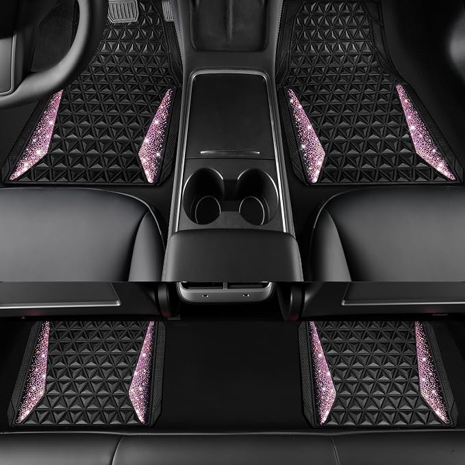 CAR PASS Bling Rubber Car Mats Diamond Floor Mats Full Set Anti-Slip 3D Rhombus Waterproof Universal Trim to Fit Liner Glitter Crystal Sparkly Shining Rhinestone Girl Women SUV Sedan Van, Black Pink - Image 5