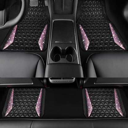 CAR PASS Bling Rubber Car Mats Diamond Floor Mats Full Set Anti-Slip 3D Rhombus Waterproof Universal Trim to Fit Liner Glitter Crystal Sparkly Shining Rhinestone Girl Women SUV Sedan Van, Black Pink - Image 5