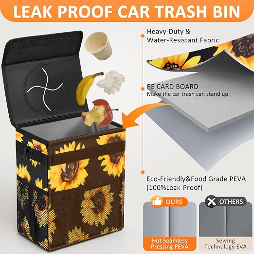 Vankor Car Trash Can with Lid Leak Proof Car Accessories for Women | 3 Gallon Cute Hanging Car Trash Bin for Men Car Truck Vehicle Sedan SUV Interior Automotive Garbage Cans, Sunflower - Image 3