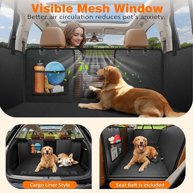 URPOWER Hard Bottom Dog Car Seat Cover for Back Seat, Waterproof Hammock | 400 lbs Support, 45% More Space, PU Leather, Waterproof, Scratch Resistant, Non-Slip, Mesh Window, Dog Seat Belt Included - Image 4