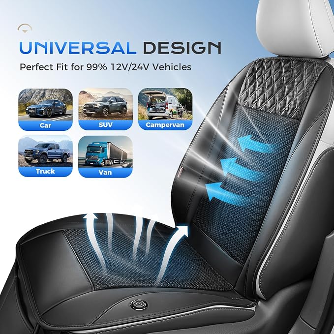 Coverado Cooling Car Seat Cover with High-Velocity Turbo Fan, Powerful Blowing & Suction Pad, 12V-24V Ventilated Cushion, 3-Speed Adjustable Airflow, Universal Fit for Car SUV Truck Van（Black） - Image 7
