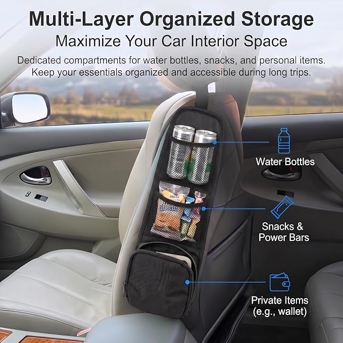 2PCS Car Seat Side Organizer, Multi-Pocket Car Storage Organizer with Mesh Net, Multifunctional Seat Storage Hanging Bag, Universal Auto Seat Side Organizers for Cars, SUV & Truck (Black) - Image 3