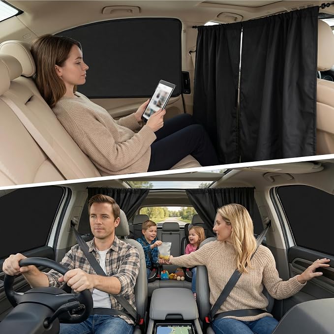 4 Car Window Shades & 1 Privacy Partition Curtain, Magnetic, Block Light | UV Protection, Keeps Cooler, Universal Size, Protect Privacy, Heat Insulation, Adjustable Privacy Curtain for Car SUV Truck - Image 2