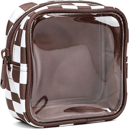 Clear Checkered Makeup Bag, Small Cosmetic Pouch with Zipper Mini Waterproof Makeup Purse Organizer Cute Cosmetic Bag Travel TSA Approved Toiletry Bag Car Organizer for Women Girls (Brown) by FFpaw