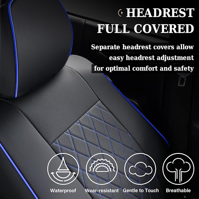 Coverado Tacoma Seat Covers Full Set, Faux Leather Seat Covers Custom Fit for 2005-2015 Toyota Tacoma Double/Crew Cab Base Prerunner SR5 Limited TRD Sport Interior Covers (Blue Line) - Image 4