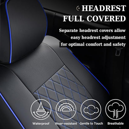 Coverado Tacoma Seat Covers Full Set, Faux Leather Seat Covers Custom Fit for 2016-2023 Toyota Tacoma Double/Crew Cab Base Prerunner SR5 Limited TRD Sport Interior Covers (Blue Line) - Image 4