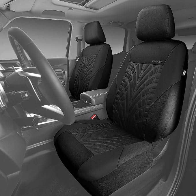 CAR PASS Car Seat Covers Two Front Only for Car, 3D Tyre Print Automotive Interior Covers, Airbag Compatible, Quick Setup Universal Fit Seat Covers for Car, Truck, SUV(Black) - Image 4