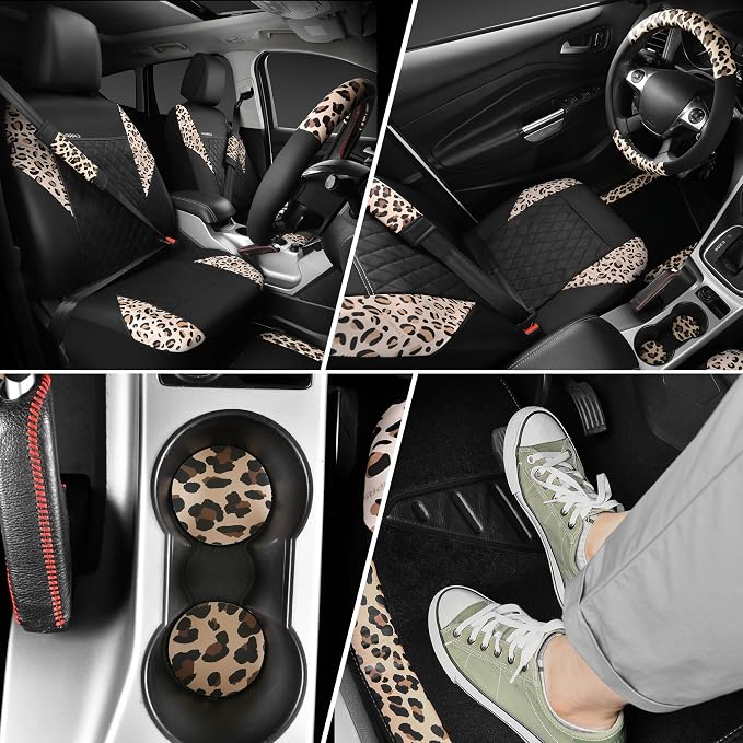 CAR PASS Leopard Print Faux Leather Car Seat Covers & Leopard Car Mats&Leopard Steering Wheel Cover Seat Belt Pad Universal Car Accessories for SUV,Van,Saden,Truck Automobile Interior Sets - Image 3