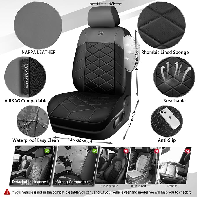 CAR PASS Memory Foam Leather Front Seat Covers, Perforated Nappa Leather Seat Covers Front Seats Universal Fit for Cars,SUV,Truck Seat Covers Thick 3D Foam Comfortable, Airbag Compatible Black Gray - Image 2