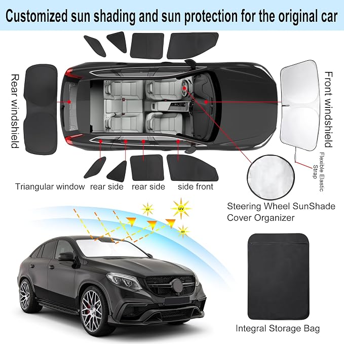 10PCS Windshield Sun Shade Custom Fit For 2012-2019 Mercedes-Benz GLE-Class(Not Fit for GLE Coupe) Accessories Foldable Sunshade Side Rear Window Shade Cover Full Set Privacy Protection Keeps Car Cool - Image 3