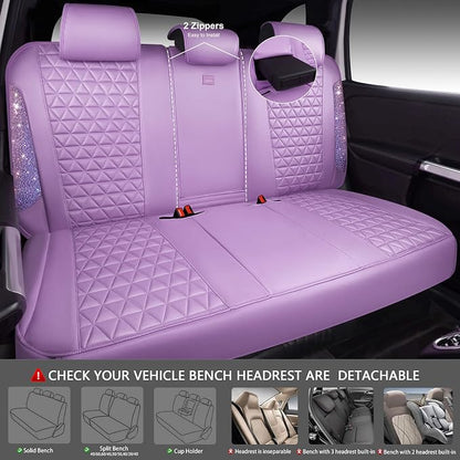 CAR PASS Light Purple Bling Diamond Leather Car Seat Covers Full Sets, Waterproof Shining Glitter Sparkly Crystal Universal Armrest Fit for Automotive Truck SUV Cute Women Girl,Lavender Rhinestone - Image 4