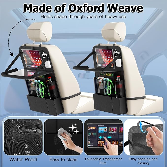 Backseat Car Organizer with Foldable Tray, Car Seat Organizer for Kids | 600D Oxford Cloth,Waterproof/Anti-stain Transparent Film,Travel Accessories,Touch Screen,Protectors Kick Mats - Image 3