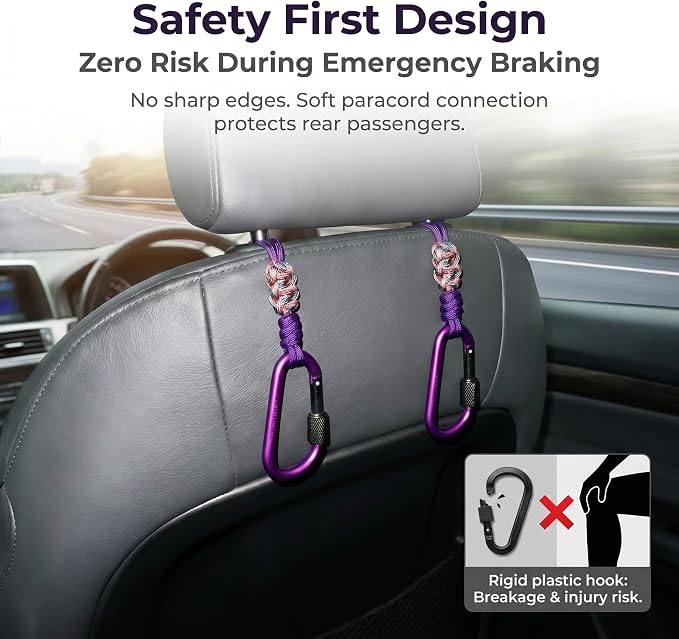 Car Seat Back Hooks 2 Pack - Heavy Duty Rope & Metal Buckle Car Hangers, No Wobble Multi-Purpose Organizer for Grocery Bags, Backpacks, Umbrellas, Trash Bags (Fit Most Vehicles) Purple - Image 5
