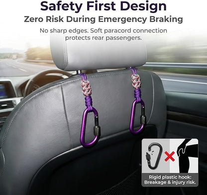 Car Seat Back Hooks 2 Pack - Heavy Duty Rope & Metal Buckle Car Hangers, No Wobble Multi-Purpose Organizer for Grocery Bags, Backpacks, Umbrellas, Trash Bags (Fit Most Vehicles) Purple - Image 5
