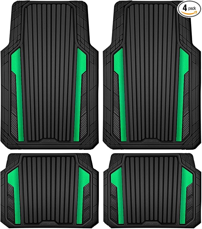 CAR PASS Heavy Duty Rubber Car Mats Metallic,Aluminum Film All Weather Floor Mats Waterproof Universal Trim to Fit SUVs Sedans Vans 4 Piece Anodized Deep Dish Two-Tone Sporty Black Green Chrome by CARPASS