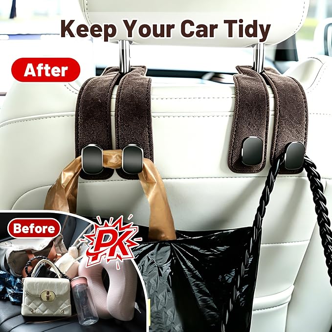SUKIPIN Car Hooks, Car Seat Headrest Hooks for Purses and Bags 4-Pack Brown | Car Accessories for Women, Solid Durable Construction, Quick Tool-free Mounting, Universal Fit for Most Vehicle Headrests - Image 4