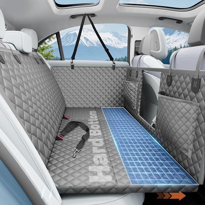 Dog Car Seat Cover for Back Seat,Hard Bottom Hammock Hold 400lbs For Cars | Hold 400lbs,Waterproof,Anti-Scratching,Safety Non-Slip,600D Oxford,Mesh Window,Storage Pocket by HikeSeptPals