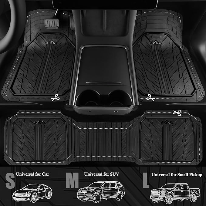 CAR PASS Heavy Rubber Car Floor Mats, Deep Waterproof Car Mats All Weather, Universal Trim-to Fit Automotive Floor Mats for Car SUV Truck Van, Durable Floor Liners Solid Black - Image 4