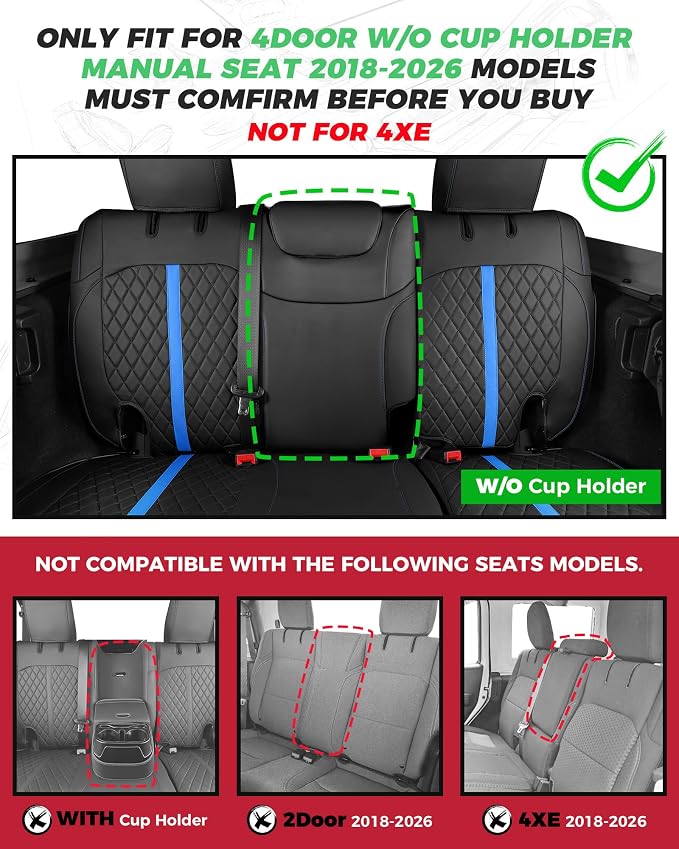 RIDEPOSH for Jeep Wrangler Leather Custom Car Seat Covers Full Set 4 Door | 2018-2026 JL, without Rear Cup Holder, Not for 4XE, Luxury Waterproof Protector, 40/60 Spilt, 5 Seats, Full Coverage, Durable - Image 2