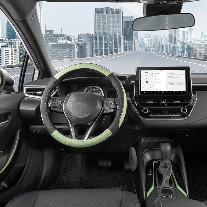 SEG Direct Steering Wheel Cover 14.5-15 inch Car Auto Interior Accessories | Universal Medium Standard Size 37-39cm for Car Truck SUV, Microfiber Leather, Anti-Slip Comfortable Grip, Black Pastel Green - Image 2