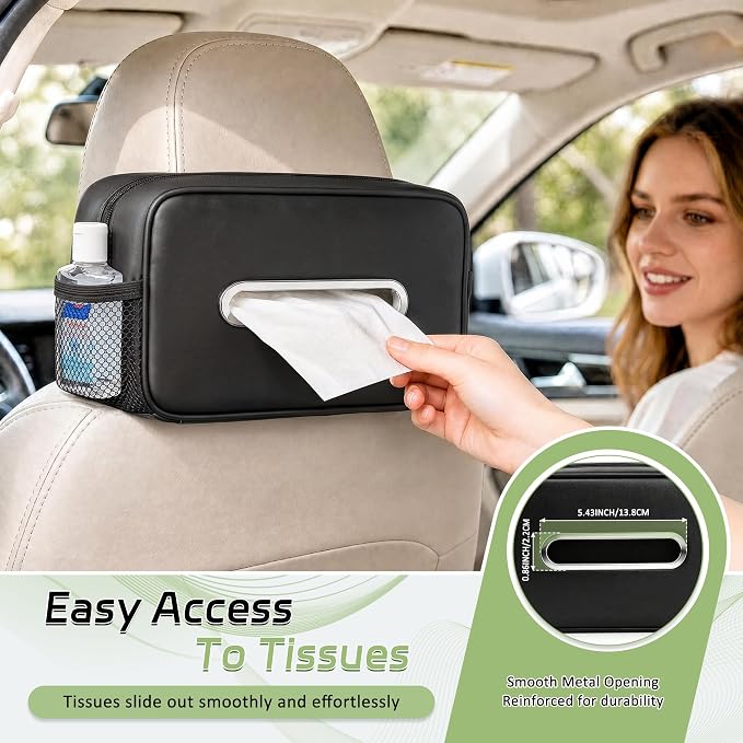 Car Tissue Box Holder PU Leather Car Organizer with Side Storage Pockets | Tissue Box Cover, Fits 120-160 Standard Rectangular Tissue Boxes, Large Capacity Backseat Tissue Organizer for Car SUV Truck - Image 4