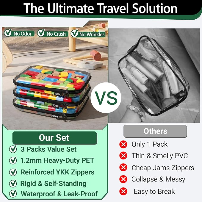 YQBRAO Clear Hard Shell Zipper Cases, 3 Large Travel Organizers, Black | Rigid 1.2 mm PET and YKK dual zippers for full-size toiletries, makeup palettes, electronics and craft supplies - Image 2