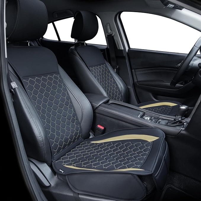 Elantrip Leather Car Seat Covers Front 2PC Black Gold Luxury Waterproof | Black faux leather with gold accents — luxury diamond-quilted interior upgrade by Elantrip