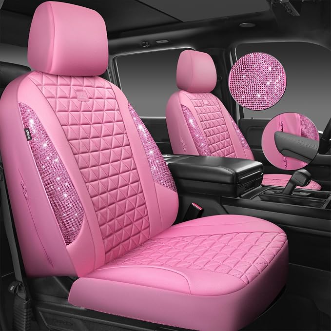 CAR PASS Bling Diamond Pink Leather Car Seat Covers for 2 Front Seats Protector, Waterproof Shining Glitter Sparkly Crystal Universal Armrest Fit Automotive Truck SUV Cute Women Girl, Pink Rhinestone - Image 6