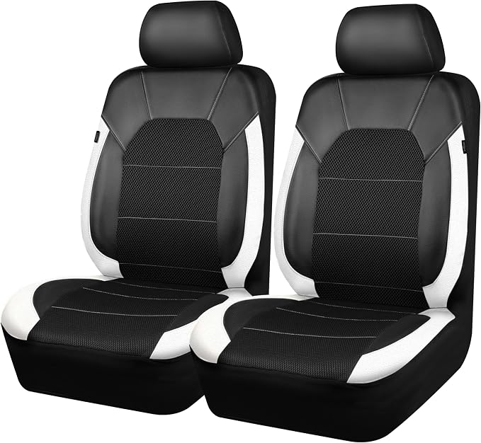 CAR PASS Universal Front Leather Car Seat Covers with Sporty Design, Breathable All Season Easy to Clean Anti-Slip Wear-Resistant Automotive Seat Covers Fit for Most Cars, SUVs, Trucks, Black & White - Image 7