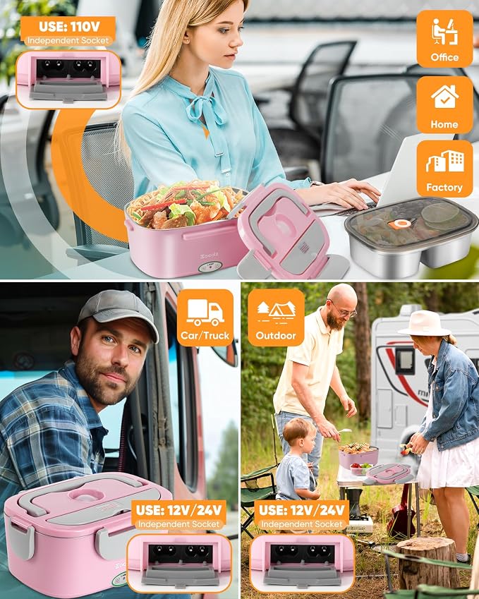 Eocolz Electric Lunch Box Food Heater 80-100W, Food Warmer with Dual Container 1.5L Portable Heated Lunch Box for Car Truck Work Stainless Steel Fork & Spoon 12/24/110V for Adults Lonchera Eléctrica - Image 2