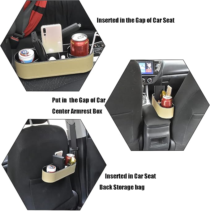 IOKONE Console Side Pocket, Cup Holder for Car, Easy Install, Slim Beige | PU Leather Cover, Dual Cup Holders, Car Seat Gap Filler Organizer, Side Pocket Storage, Universal Fit, Car Coin Holder - Image 7