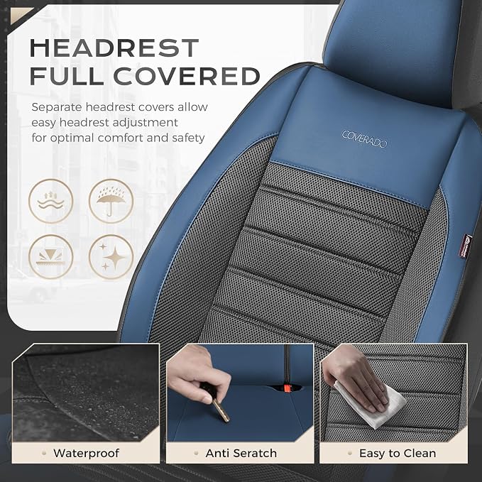 Coverado Car Seat Covers Full Set, Luxury Leather Car Seat Covers, Automotive Front and Rear Mesh Seat Covers, Full Set 5 Seats, Blue Black Seat Covers for SUV Sedan Truck - Image 5