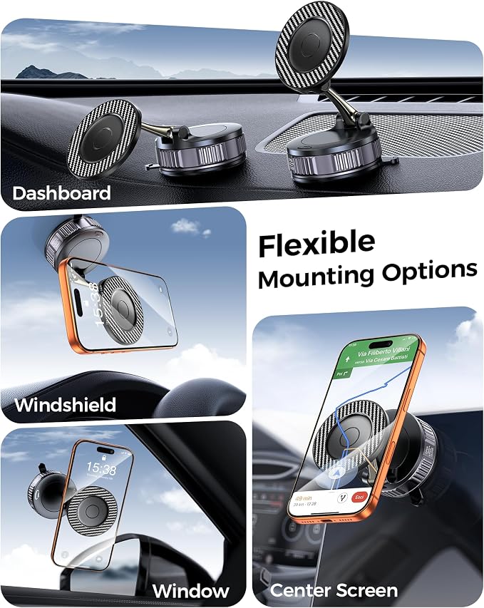 Car Phone Holder for Magsafe – [Carbon Fiber] Phone Mount for Car [Super Strong Magnetic, 360° Adjustable, 108LBS Vacuum Suction] Phone Holders for Your Car, Car Accessories for iPhone 17–12 Series | Super strong magnetic, 108LBS vacuum suction, Compat... - Image 2