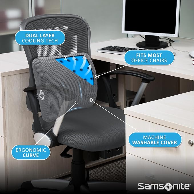 Samsonite Memory Foam Lumbar Support Pillow for Office Chair, Gaming Chair, or Car-Ergonomic Back Cushion-Home Essentials for Sitting Comfort and Posture Relief Back Support with Cooling Gel, Grey - Image 5