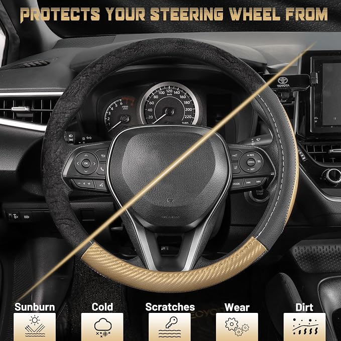 SEG Direct Car Steering Wheel Cover 14.5"-15" Golden Carbon Fiber Pattern | Universal Medium Standard Size 37-39cm for Car Truck SUV, Black Microfiber Leather, Non-Slip Grip, Auto Interior Accessories - Image 4